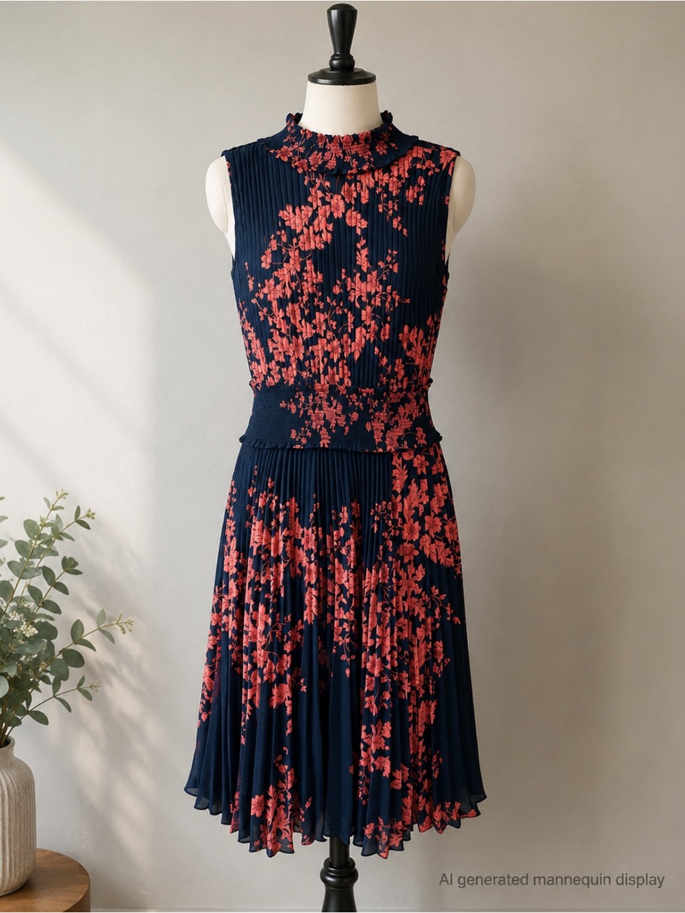 Nanette Lepore Navy and Coral Floral Pleated Midi Dress